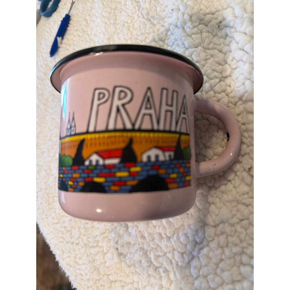Smaltum Praha Pink Enamel Mug Prague Czech Republic Cityscape Skyline Tin Cup